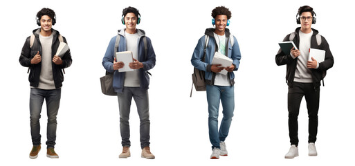 Obraz premium Set of Portrait of young man college student happy smiling standing holding a book and carrying a school bag, Full body isolated on white background, png