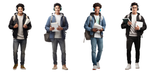 Set of Portrait of young man college student happy smiling standing holding a book and carrying a school bag, Full body isolated on white background, png