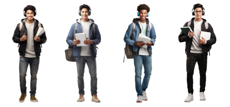Set of Portrait of young man college student happy smiling standing holding a book and carrying a school bag, Full body isolated on white background, png
