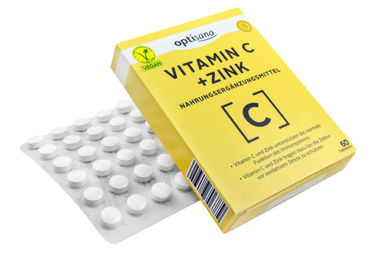 Optisana Vitamin C und Zink Tabletten Nahrungsergänzungsmittel vegan Hintergrund transparent PNG cut out