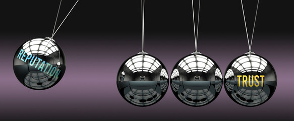 Reputation leads to Trust. A metaphor in which reputation initiates motion of trust and gives it energy. Cause and effect relation between reputation and trust.,3d illustration