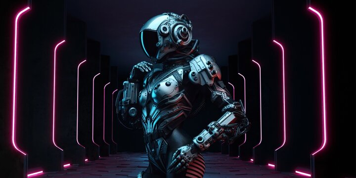 Hyper realistic futuristic robot ultron cyborg dark technology background poster art illustration cover with blank empty copy space text future machines artificial intelligence AI singularity concept