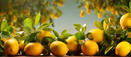 Fresh lemons on the tree in a lemon farm It is ready to be picked up by farmers and marketed. The weather is sunny and fresh.Background of a lemon garden in summer with copyspace for text