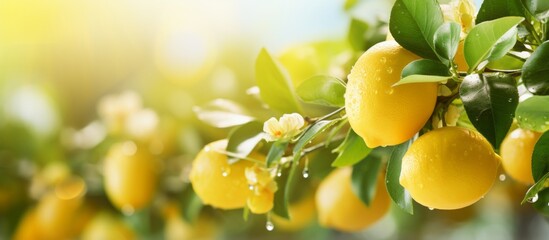 Fresh lemons on the tree in a lemon farm It is ready to be picked up by farmers and marketed. The weather is sunny and fresh.Background of a lemon garden in summer with copyspace for text - Powered by Adobe