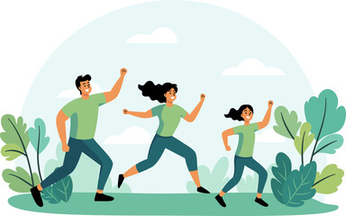 The cheerful Healthy people run for exercise happily with big smiles in the park. Flat Style Cartoon Illustration.