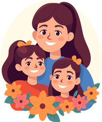 Mother with children, Mom with daughter, Happy Family Moments, Flat Style Cartoon Illustration. Mother's Day Concept.