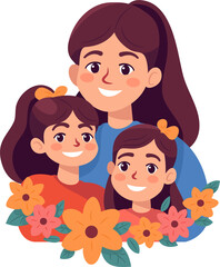 Mother with children, Mom with daughter, Happy Family Moments, Flat Style Cartoon Illustration. Mother's Day Concept.