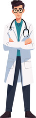 The doctor is standing confidently with crossed arms. Flat Style Cartoon Illustration.