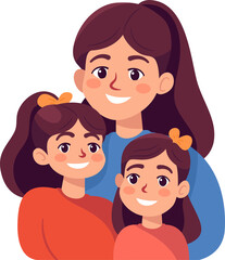 Mother with children, Mom with daughter, Happy Family Moments, Flat Style Cartoon Illustration. Mother's Day Concept.