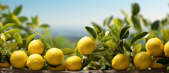 Fresh lemons on the tree in a lemon farm It is ready to be picked up by farmers and marketed. The weather is sunny and fresh.Background of a lemon garden in summer with copyspace for text