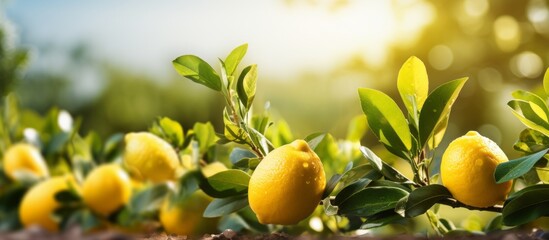 Fresh lemons on the tree in a lemon farm It is ready to be picked up by farmers and marketed. The weather is sunny and fresh.Background of a lemon garden in summer with copyspace for text - obrazy, fototapety, plakaty