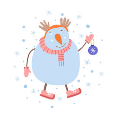 Cartoon funny snowman with ball on a Christmas tree vector illustration. Cute winter hero in style of children`s drawing. Design greeting card for Merry Christmas or poster for New Year celebration.