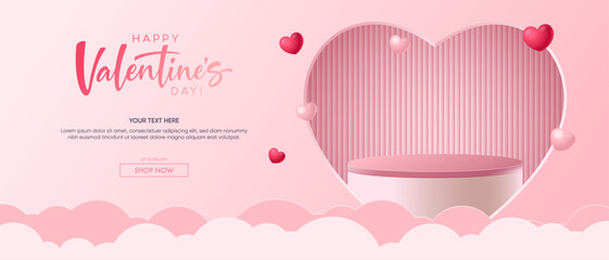 Realistic pink 3D cylindrical podium with heart shaped background for valentine's day banner. Valentine's day minimal scene for products showcase, Promotional display. Vector room platforms.