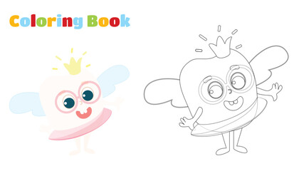 Coloring page. Tooth Fairy. A very cute tooth with wings, a crown and a magic wand. Illustration in children's style.