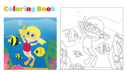 Coloring page. A happy girl in a swimsuit and fish swims near the coral reefs. Vertical scene in cartoon style.