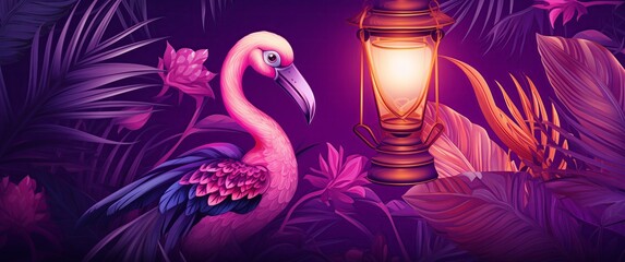 purple banner glow with lamp and goose - obrazy, fototapety, plakaty