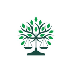 law logo scale of justice and green tree concept logo icon template