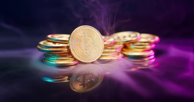 Bitcoin coins rotate around their axis in smoke.
