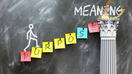 Purpose leads to Meaning - a metaphor showing how purpose makes the way to reach desired meaning. Symbolizes the importance of purpose and cause and effect relationship.,3d illustration