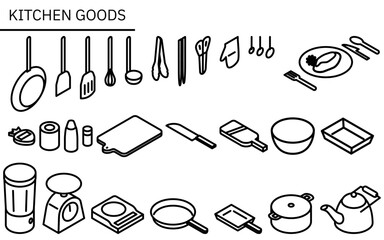 Line drawing illustration of kitchen utensils, simple isometric