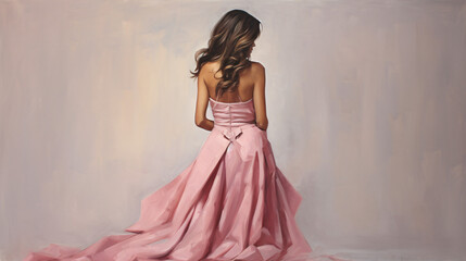 Woman in pink dress standing modern glamour back view