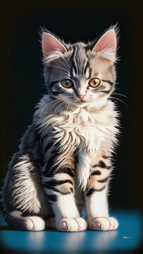 A small striped kitten on a dark background