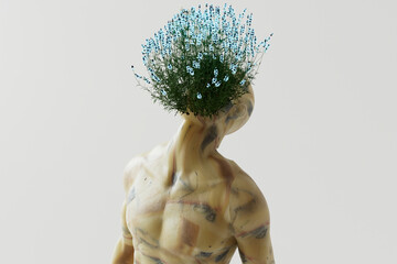3D render of flowers growing on head of shirtless man
