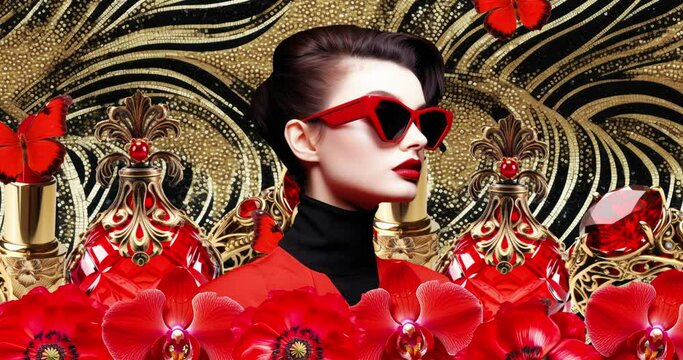 Fashion animation loop collage. Chic lady and red accessories. Content ai generated