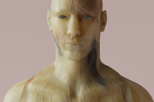 3D render of shirtless yellow skinned man