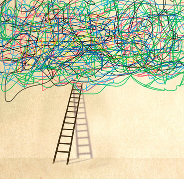 Ladder leaning on wall under tangled lines