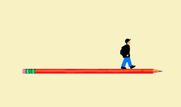 Schoolboy walking on oversized pencil