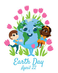 The Earth with a cheerful face embraces an international boy and girl, and from it grow plants, flowers. Earth Day postcard.
