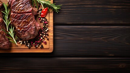Delicious fried beef meat with rosemary on wooden table