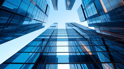 Looking Up Blue Modern Office Building. generative ai.