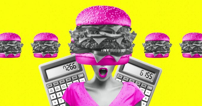 Woman and unhealthy food. Calories, diet concept. Trendy loop collage animation. Content ai generated
