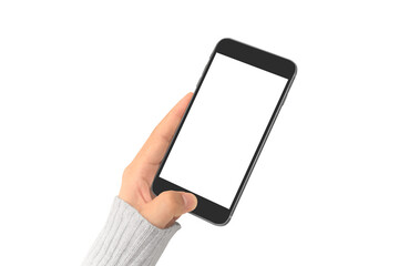 Hand holding smartphone device touching screen