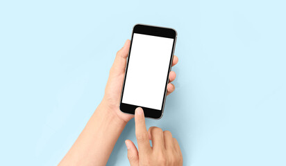 Hand holding smartphone device touching screen