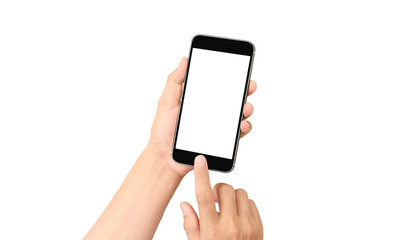 Hand holding smartphone device touching screen