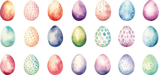 Set of watercolor Easter eggs on white background.