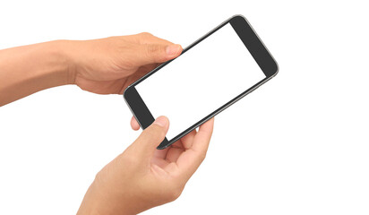 Hand holding smartphone device touching screen
