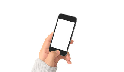 Hand holding smartphone device touching screen