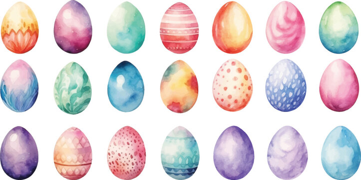 Set of watercolor Easter eggs on white background.