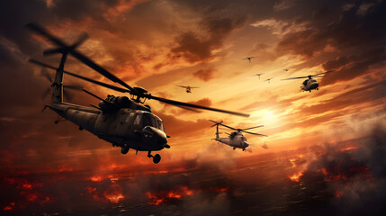 Military helicopters, forces and tanks in plane in war at sunset. generative ai. - obrazy, fototapety, plakaty