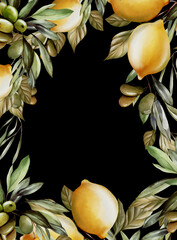 Watercolor frame, wreath with lemon and green leaves - 684517821