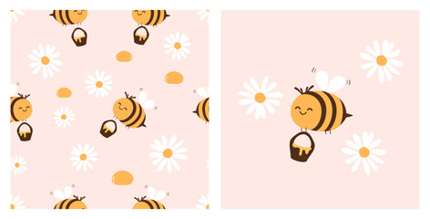 seamless pattern with bee cartoons and daisy flower on pink background vector.