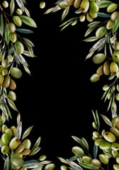 Watercolor frame with olive berries and green leaves. - 684518023