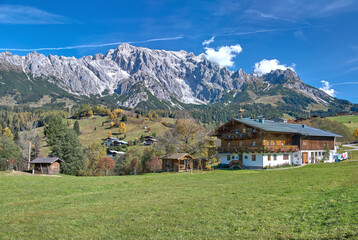 autumnal Landscape with view to Hochkoenig Mountain in Salzburger Land,Austria