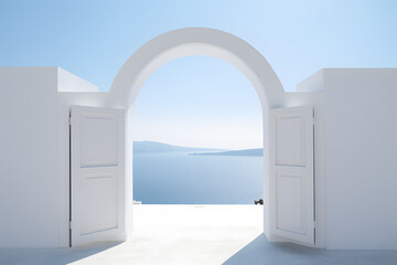 minimalism arch gate view to the sea beach living santorini island style. generative ai.