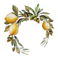Watercolor wreath with lemon and green leaves.