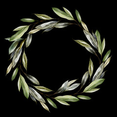 Watercolor wreath with olive berries and green leaves. - 684518219